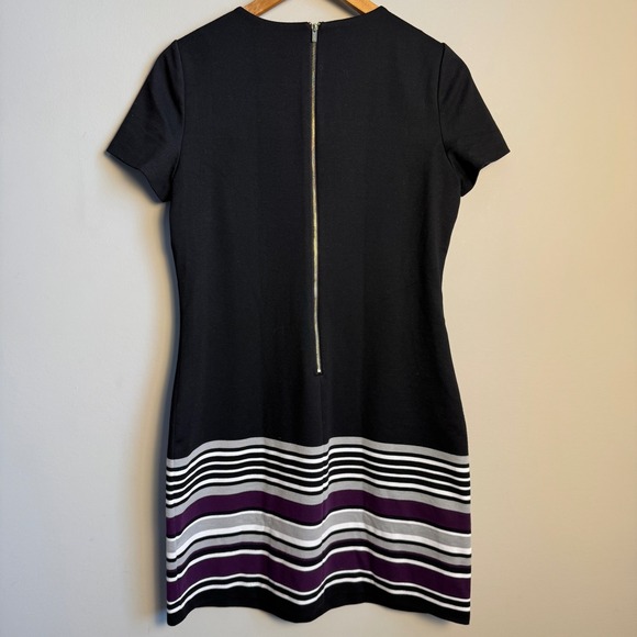 Calvin Klein Black Sheath Dress with Striped Hem Size 12 Jersey Casual Rear Zip - Picture 6 of 16